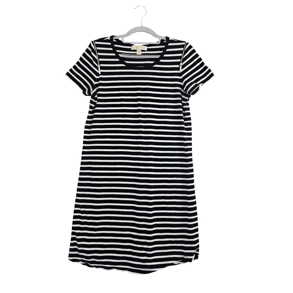 Michael Kors T-Shirt Dress Womens S Black White Striped Shoulder Zip Detail EUC
